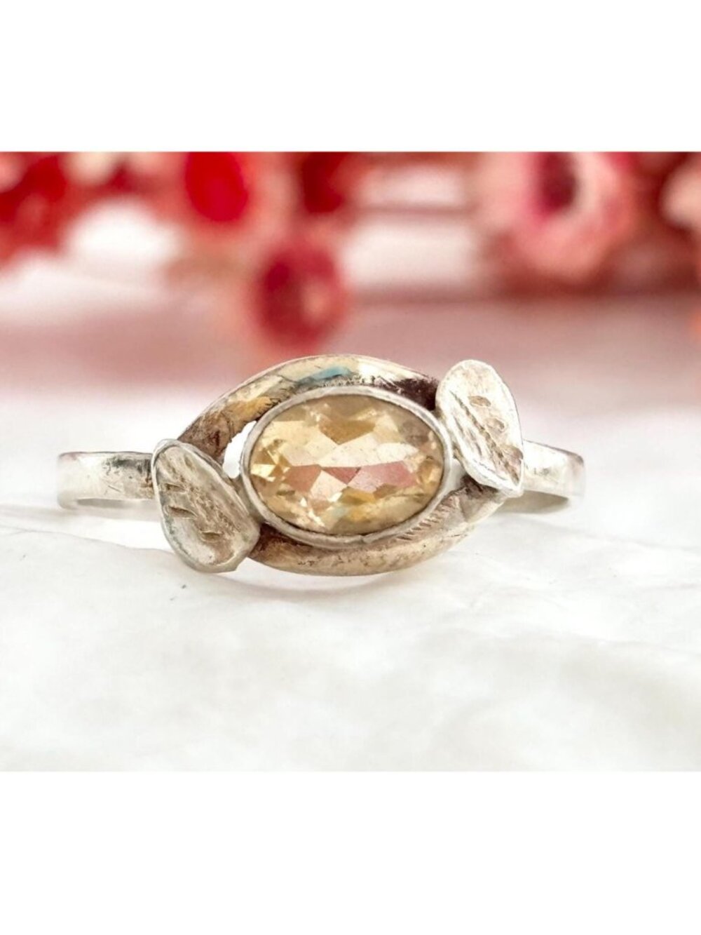 Citrine Gemstone Leaf Shaped Frame Sterling Silver 925 Vintage Ring - sz 9